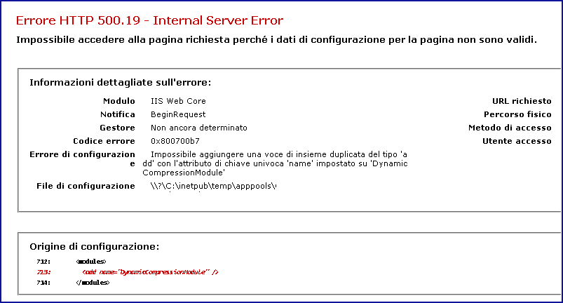 Errore HTTP 500.19 - Internal Server Error