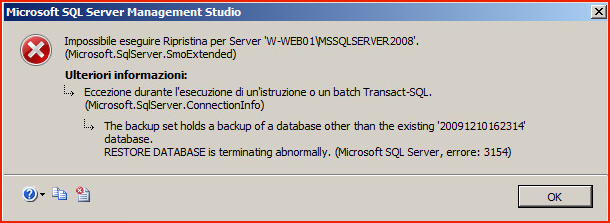 The backup set holds a backup of a database other than existing